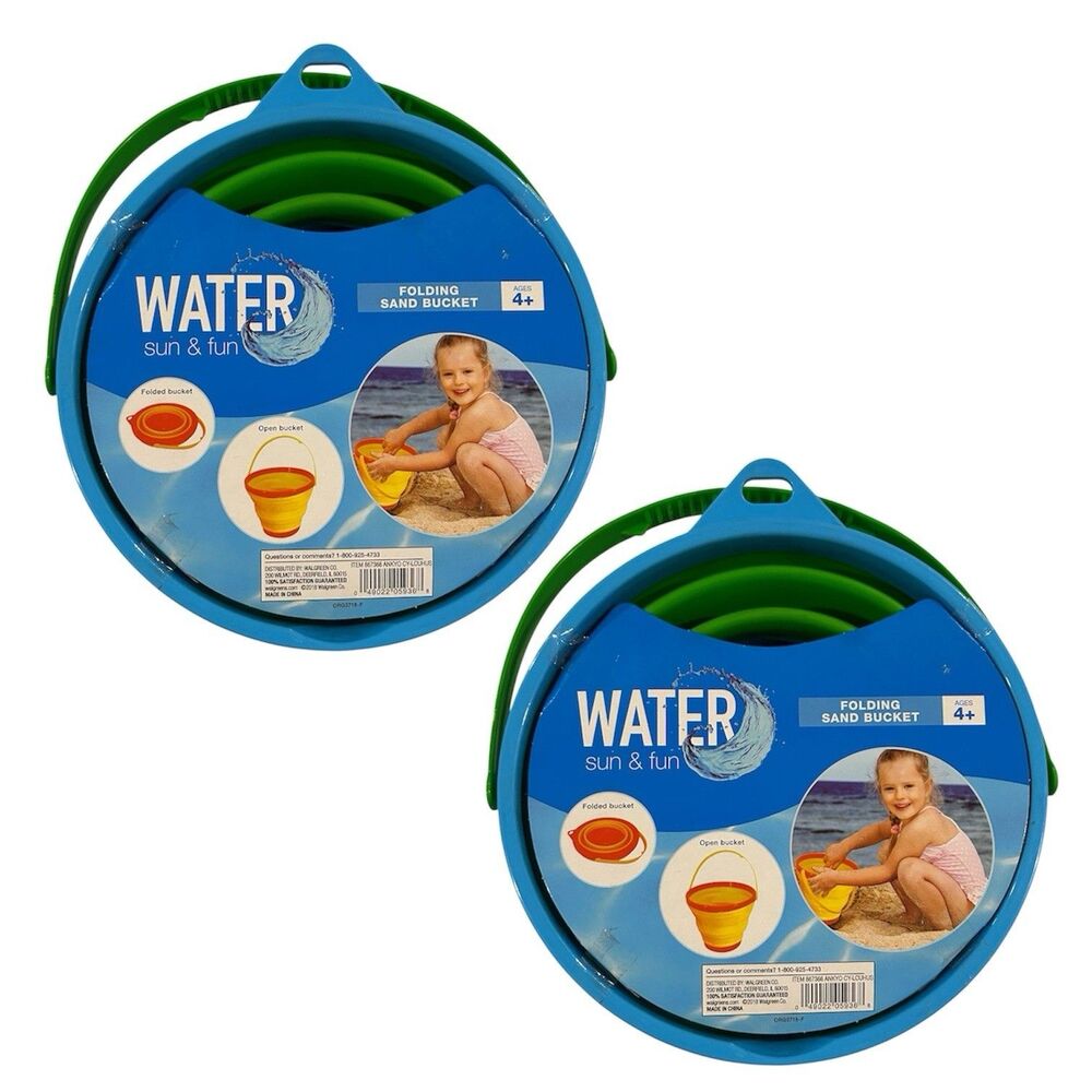 2x Water Sun & Fun Folding Sand Bucket Blue Green Ages 4+